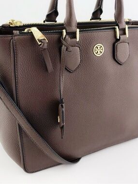 TORY BURCH Robinson Pebbled Square Tote Satchel Crossbody, Dark Brown, LIKE NEW!
